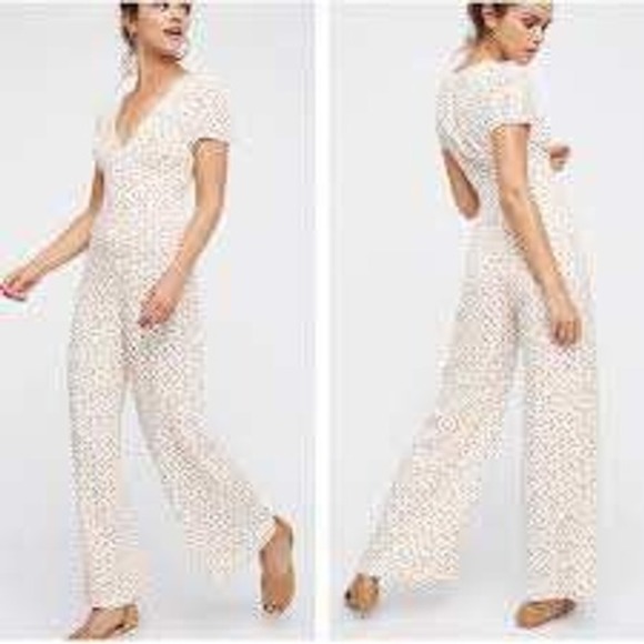 Free People Pants - Free People Mia V-Neck Wide Leg Cream Jumpsuit with Peach Print Size 10